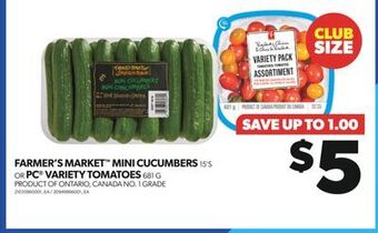 Real Canadian Superstore Farmer's market™ mini cucumbers, 15's or pc® variety tomatoes, 681 g offer