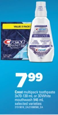 Real Canadian Superstore Crest multipack toothpaste, 3x70-130 ml or 3dwhite mouthwash, 946 ml offer