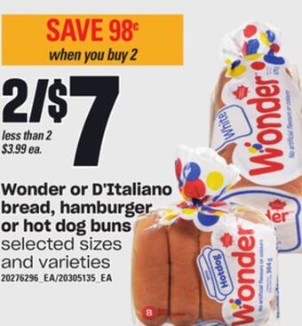 Independent Grocer Wonder or d'italiano bread, hamburger or hot dog buns offer
