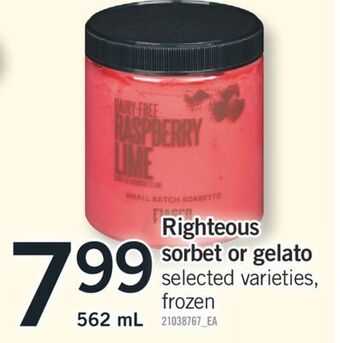 Fortinos Righteous sorbet or gelato, 562 ml offer