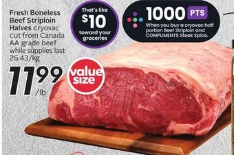 Sobeys Fresh boneless beef striploin halves offer