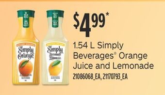 Fortinos Simply beverages® orange juice and lemonade 1.54 l offer