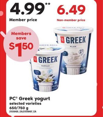 Loblaws Pc® greek yogurt, 650/750 g offer
