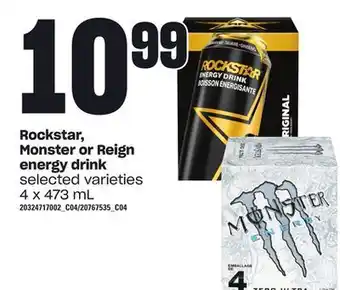 Loblaws Rockstar, monster or reign energy drink, 4 x 473 ml offer