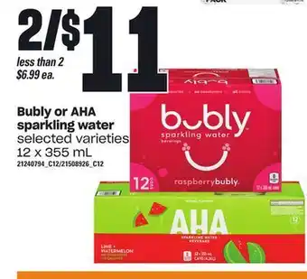 Loblaws Bubly or aha sparkling water, 12 x 355 ml offer