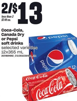 Loblaws Coca-cola, canada dry or pepsi soft drinks, 12x355 ml offer