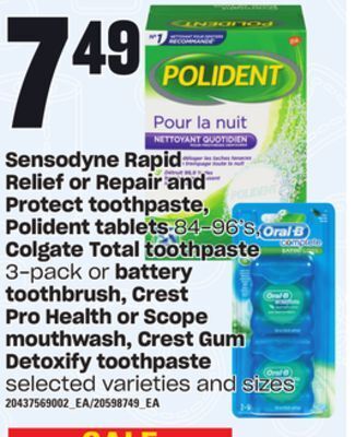 Loblaws Sensodyne rapid relief or repair and protect toothpaste, polident tablets, 84-96's, colgate total toothpaste, 3-pack or batte offer