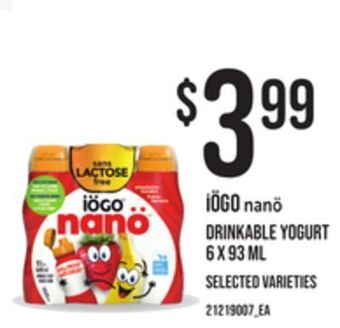 Loblaws Iögo nanö drinkable yogurt, 6 x 93 ml offer