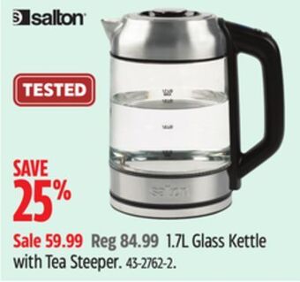 Canadian Tire Salton 1.7l glass kettle with tea steeper offer