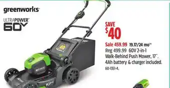 Canadian Tire Greenworks 60v 2-in-1 walk-behind push mower, 17 offer