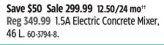 Canadian Tire 1.5a electric concrete mixer, 46l offer