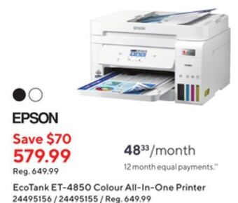 Staples Epson ecotank et-4850 colour all-in-one printer offer