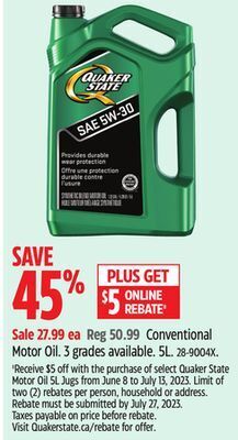 Canadian Tire Quaker state conventional motor oil offer