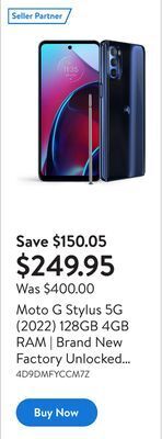 Walmart Moto g stylus 5g (2022) 128gb 4gb ram | brand new factory unlocked smartphone offer