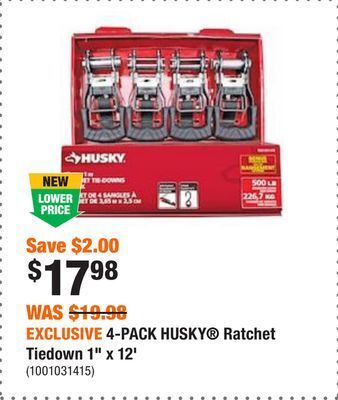 Home Depot Exclusive 4-pack husky® ratchet tiedown 1 x 12' offer