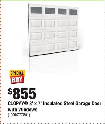 Home Depot Clopay® 8' x 7' insulated steel garage door with windows offer
