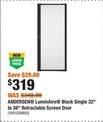 Home Depot Andersen® luminaire® black single 32 to 36 retractable screen door offer