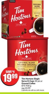 Chalo FreshCo Tim hortons single serve k-cups 30 pk or ground coffee 875-930 g offer