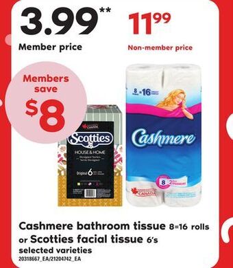 Zehrs Markets Cashmere bathroom tissue 8=16 rolls or scotties facial tissue 6's offer