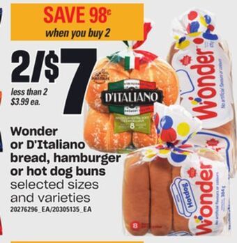 Zehrs Markets Wonder or d'italiano bread, hamburger or hot dog buns offer