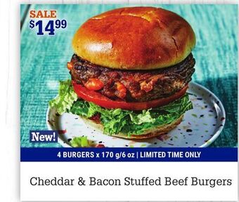 M & M Food Market Cheddar & bacon stuffed beef burgers offer
