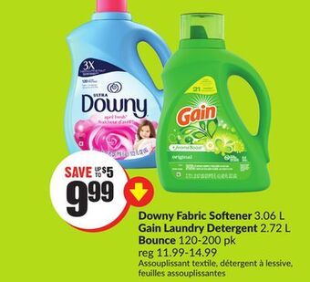 FreshCo Downy fabric softener 3.06 l gain laundry detergent 2.72 l bounce 120-200 pk offer