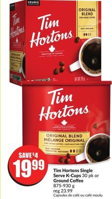 FreshCo Tim hortons single serve k-cups 30 pk or ground coffee 875-930 g offer