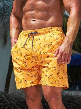 SheIn Men banana print drawstring waist swim trunks offer