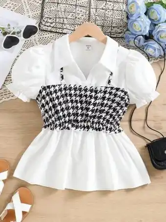 SheIn Girls houndstooth print puff sleeve peplum blouse offer