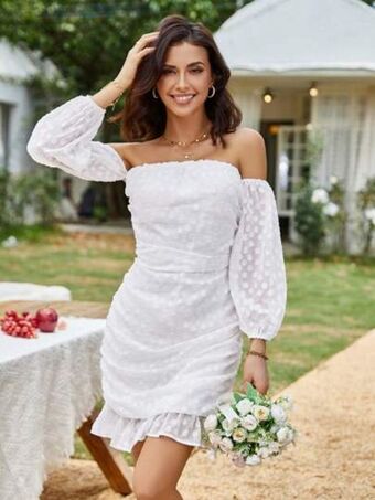 SheIn Shein frenchy off shoulder lantern sleeve ruched ruffle hem dress offer