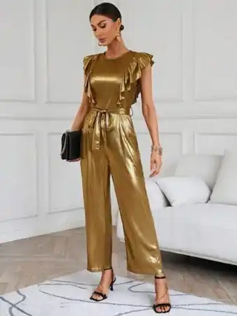 SheIn Shein privé ruffle trim belted metallic jumpsuit offer