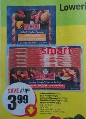FreshCo Schnelders Bacon, Blue Ribbon Bologna or Smoked Sausages, Maple Leaf Ready Crisp, Shopsy's Wieners offer