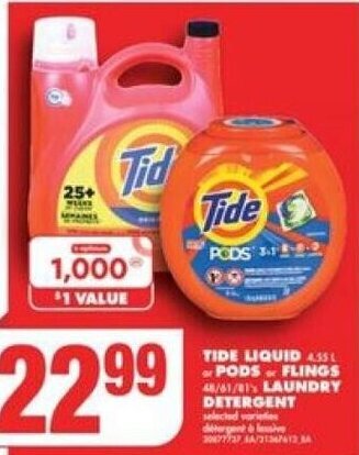 No Frills Tide Liquid or Pods or Flings Laundry Detergent offer