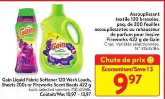 Walmart Gain Liquid Fabric Softener 120 Wash Loads, Sheets 200s or Fireworks Scent Beads 422 g Each. Selected varieties. offer