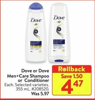 Walmart Dove or Dove Men+Care Shampoo or Conditioner offer