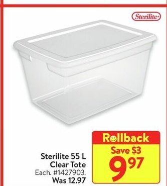 Walmart Sterilite 55 L Clear Tote offer