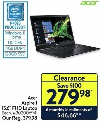 Walmart Acer Aspire 1 15.6 FHD Laptop offer