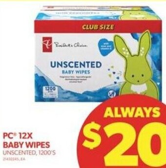 Real Canadian Superstore PC* 12X BABY WIPES UNSCENTED, 1200's offer