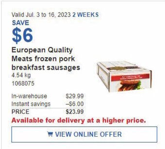 Costco European Quality Meats frozen pork breakfast sausages, 4,54 kg offer