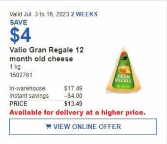Costco Valio Gran Regale 12 month old cheese 1 kg offer