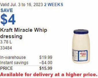 Costco Kraft Miracle Whip dressing 3.78L offer