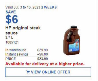 Costco HP original steak sauce 3,7 L offer