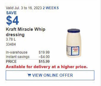 Costco Kraft Miracle Whip 3,78 L offer