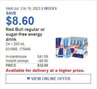Costco Red Bull regular or sugar-free energy drink 24 x 250 mL offer