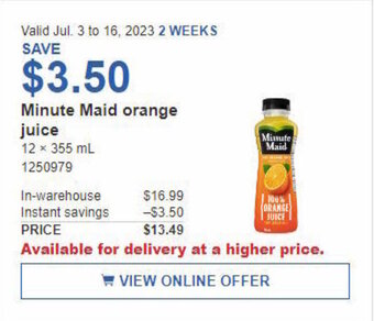 Costco Minute Maid orange juice 12 x 355 mL offer