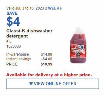 Costco Classi-K dishwasher detergent 4 L offer