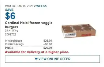 Costco Cardinal Halal frozen veggie burgers 24 x 113 g offer