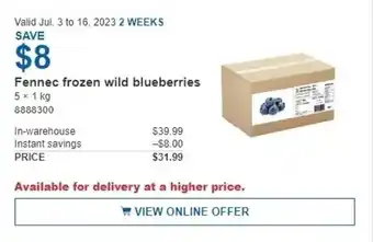 Costco Fennec frozen wild blueberries 5 x 1 kg offer