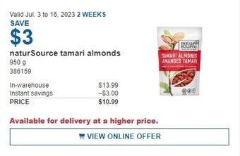 Costco naturSource tamari almonds 950 g offer