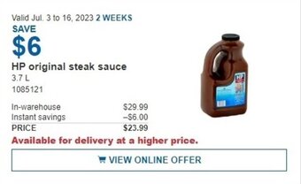 Costco HP original steak sauce 3,7 L offer